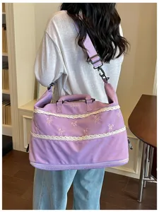 Large capacity travel duffel bag with cute bows lace trim and expandable bottom storage.