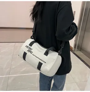 White cylindrical sports fitness duffel bag large capacity travel luggage shoulder bag for daily use