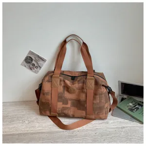 Retro brown pattern travel duffel fitness bag with large capacity and shoulder strap.