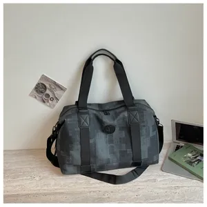 Large capacity travel duffel bag in dark grey textured PU leather with sturdy black straps for gym