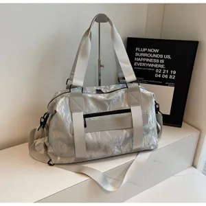 Silver crinkled travel duffel bag large capacity fitness gym sports bag for daily use.
