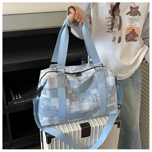 Large capacity travel duffel bag with strap, blue abstract pattern gym sports bag.