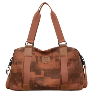 Large capacity travel duffel bag for gym and fitness with retro geometric design and straps.