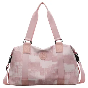 Large capacity pink travel duffel bag with geometric pattern, gym fitness sports handbag.