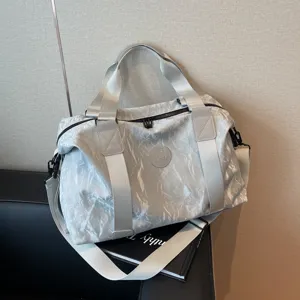 Large capacity travel duffel bag silver crinkled sports gym bag with shoulder strap