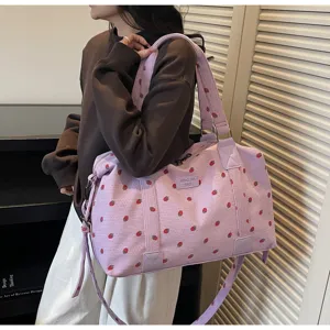 Large capacity corduroy travel duffel bag with cute strawberry print for short trips and gym.