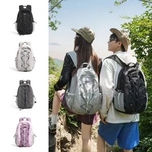 Outdoor casual backpack detail view showing multi-color options and hiking scene usage.