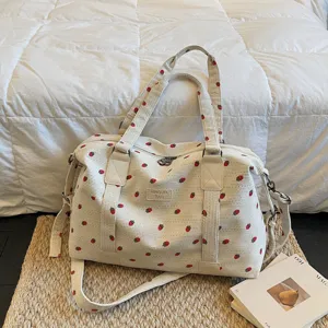 Large Capacity Corduroy Travel Bag Strawberry Print Waterproof Weekender Bag Trolley Sleeve Gym Luggage Handbag