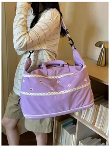 Large capacity purple travel duffel bag with cute pink embroidery and lace trim details.