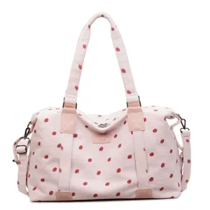 Pink corduroy travel duffel bag with cute strawberry print, large capacity weekend bag.