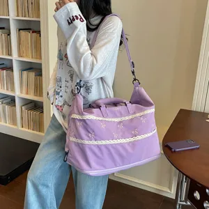 Large capacity purple travel duffel bag with cute bows and lace for women daily use