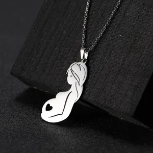 Pregnant Woman Silhouette Pendant Necklace Stainless Steel Heart Cutout Minimalist Jewelry Gift For Expecting Mother