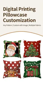 Close-up of four Christmas pillowcases featuring Santa, reindeer, and tree prints