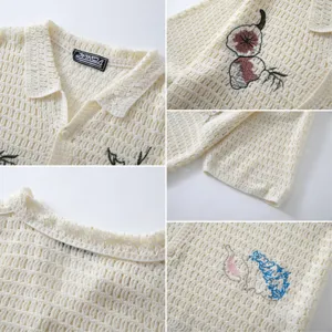 Detailed close-up views of men's cream crochet knit polo shirt with delicate embroidery