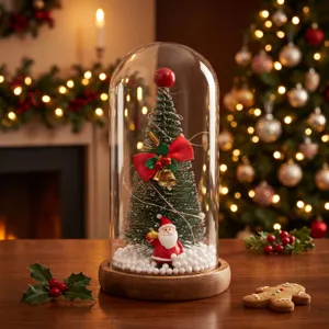 Mini glowing Christmas tree in glass dome table ornament with Santa Claus decoration