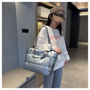 Puffer tote bag stylish silver metallic shoulder duffel bag for women fitness and travel use