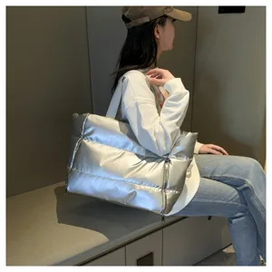 Stylish silver puffer tote bag, waterproof travel fitness gym shoulder bag for women.