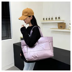Large capacity puffy purple tote shoulder bag for women gym fitness travel casual daily use.
