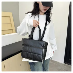 Black quilted tote shoulder bag casual waterproof travel gym bag detail view for women