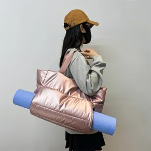 Pink puffer gym bag for women, metallic fitness tote with yoga mat holder, main view