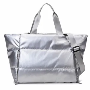 Silver padded gym duffel bag for women, waterproof yoga tote and travel shoulder bag main view.