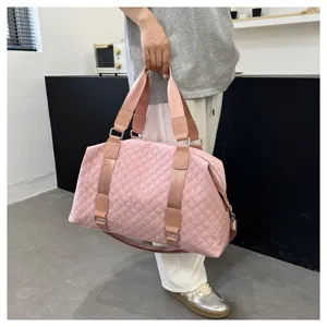 Pink Quilted Fitness Duffel Bag Large Capacity Waterproof Travel Bag for Women Yoga Sports