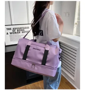 Large capacity purple travel duffel bag, lightweight waterproof gym sports luggage bag with wet pocket.