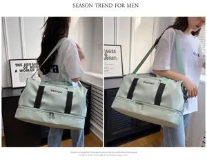 Large capacity travel duffel bag for gym and short trips with wet dry separation design.