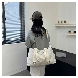 Large capacity white quilted duffel bag for women fitness yoga travel waterproof weekend bag detail view