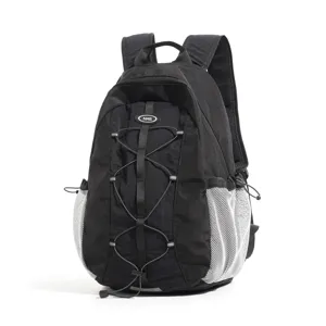 Black outdoor backpack with mesh side pockets and bungee cord design for hiking and travel.