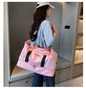 Large capacity pink travel bag, lightweight gym duffel bag with wet dry separation for women.