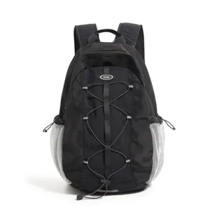 Black outdoor backpack large capacity casual sports rucksack with mesh side pockets and bungee cords.
