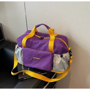Purple grey travel duffel bag with yellow straps, large capacity fitness gym bag for women.