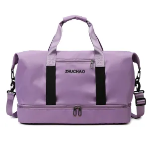 Purple large capacity travel duffel bag with separate bottom compartment for gym sports fitness