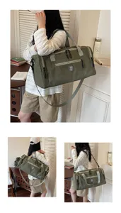 Waterproof travel duffel bag with wet dry separation, shoulder strap and foldable design for travel.