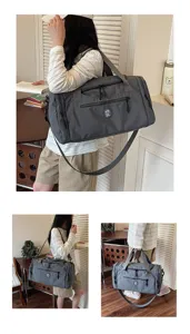 Detailed view of the waterproof travel duffel bag with shoulder strap, ideal for gym or trips.