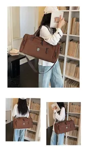 Waterproof travel duffel bag with shoulder strap, showing dry-wet separation details in use.