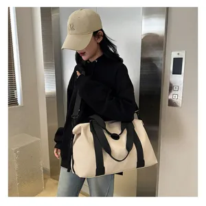 Large capacity canvas gym bag for women, casual travel shoulder handbag waterproof