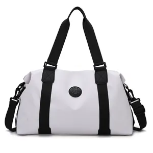 White Oxford cloth gym duffel bag with black straps, large capacity travel tote bag.