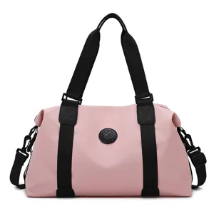 Pink oxford cloth fitness bag, large capacity travel duffel bag with black straps for women.