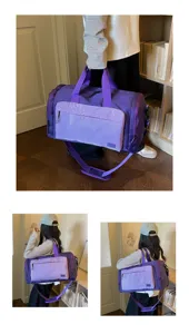 Detail shot of purple travel duffel bag showing large capacity, wet-dry separation and straps.