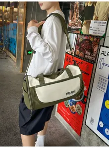 Large capacity duffel travel bag with wet-dry separation, green and white stylish design.