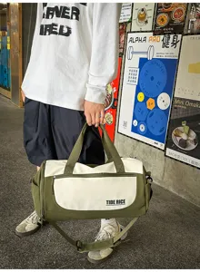 Large capacity canvas travel duffel bag with wet dry separation and crossbody strap.