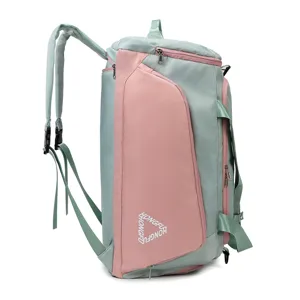 Multi-functional travel backpack in green and pink, durable fabric casual daypack.