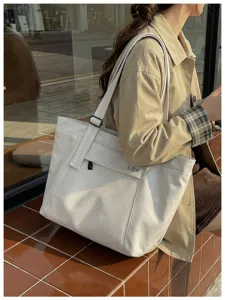 Casual waterproof canvas tote bag for women commuting travel shoulder handbag with mesh pocket