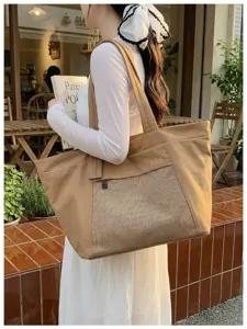 Casual canvas mesh tote bag for women, large capacity shoulder handbag for daily commute and travel.
