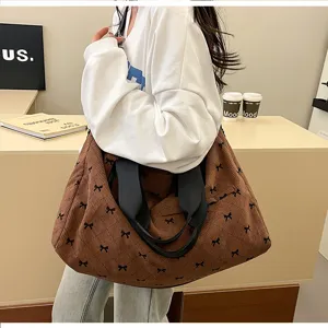 Braune Cord-Tragetasche mit schwarzem Schleifen-Stepp-Muster, lässige Handtasche groß.
