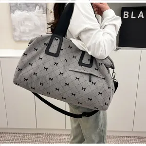 Grosse Reisetasche grau gesteppt mit Schleife Design sportliche Umhaengetasche fuer Damen