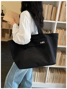 Black canvas tote bag large capacity commuter casual shoulder bag with front mesh pocket