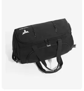 Detail view of the black multi-purpose large capacity nylon travel sports duffel handbag.